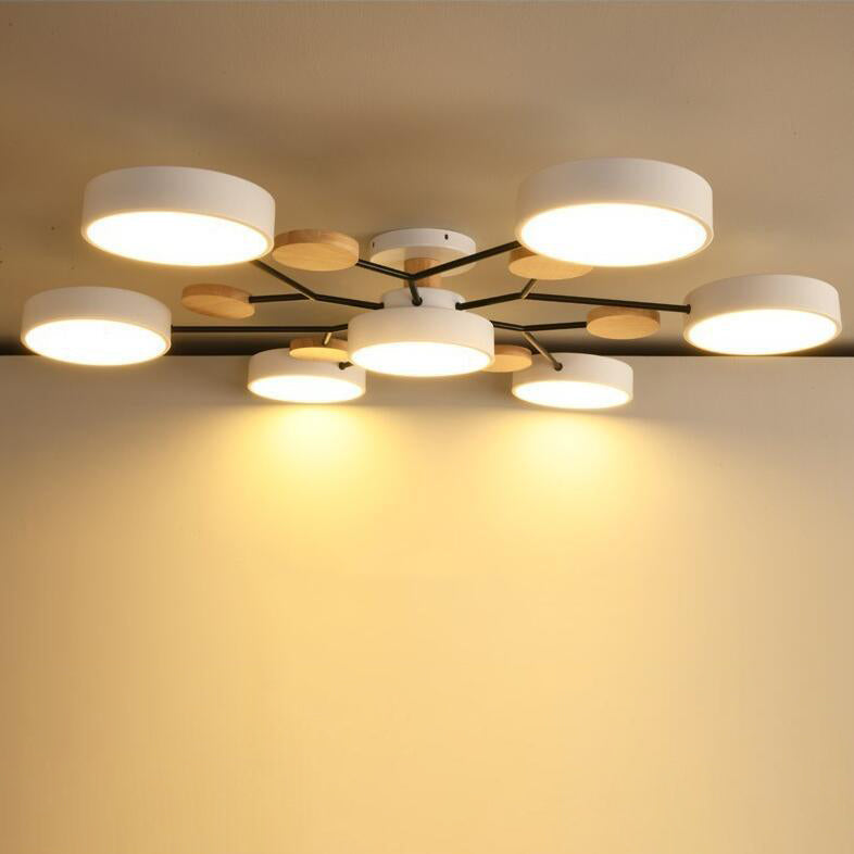 Modern LED ceiling light in a Scandinavian molecule design, iron, acrylic and wood, 4 to 7 lights, warm or cool white li