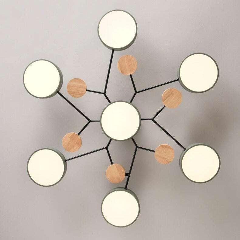 Modern LED ceiling light in a Scandinavian molecule design, iron, acrylic and wood, 4 to 7 lights, warm or cool white li
