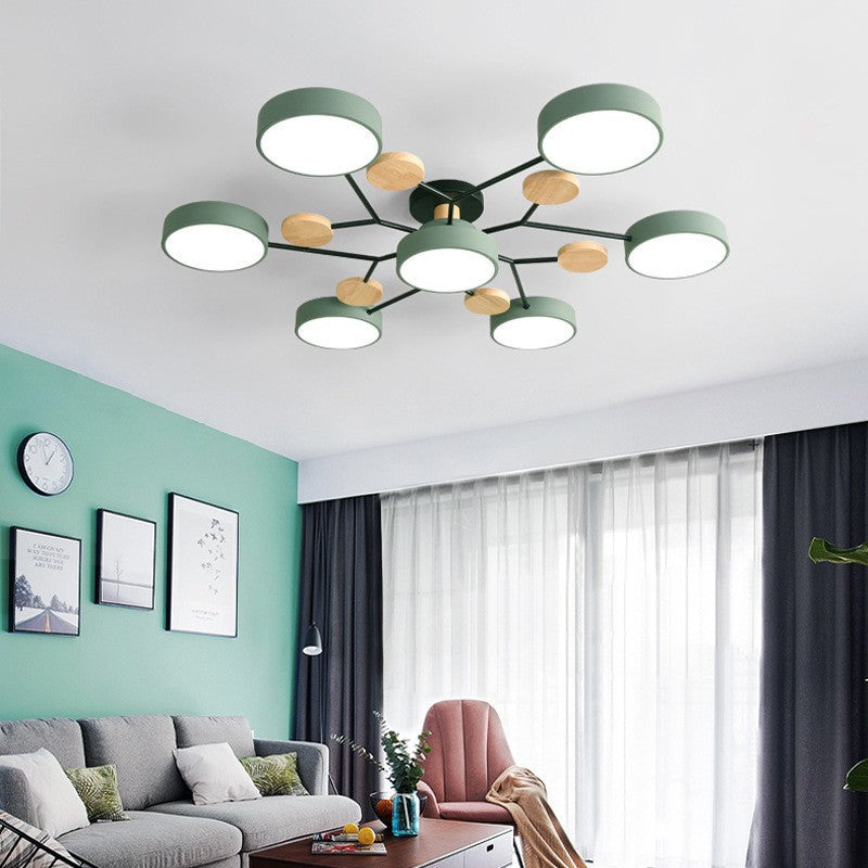 Modern LED ceiling light in a Scandinavian molecule design, iron, acrylic and wood, 4 to 7 lights, warm or cool white li