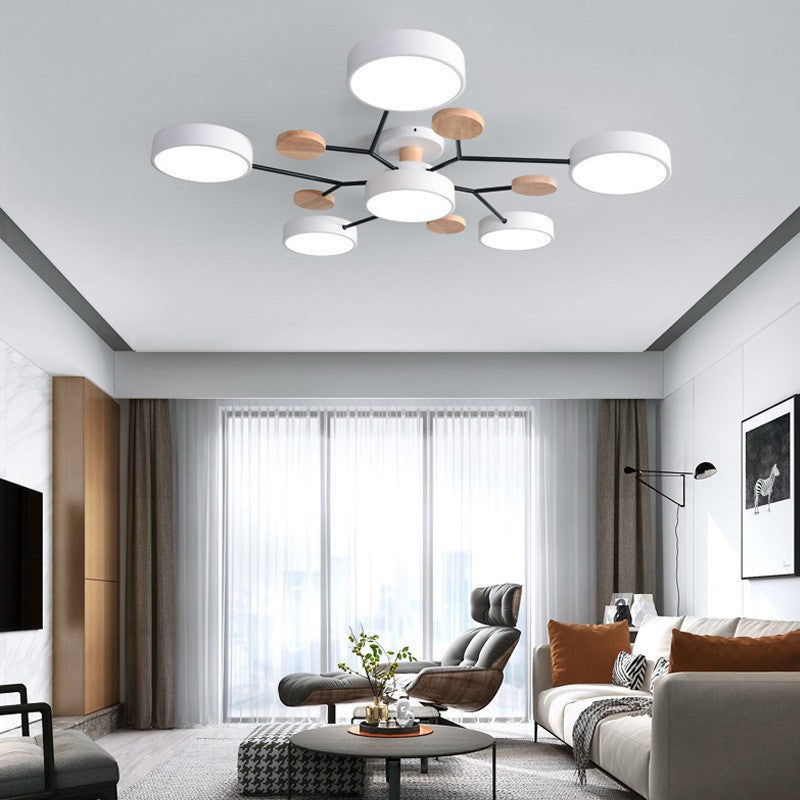 Modern LED ceiling light in a Scandinavian molecule design, iron, acrylic and wood, 4 to 7 lights, warm or cool white li