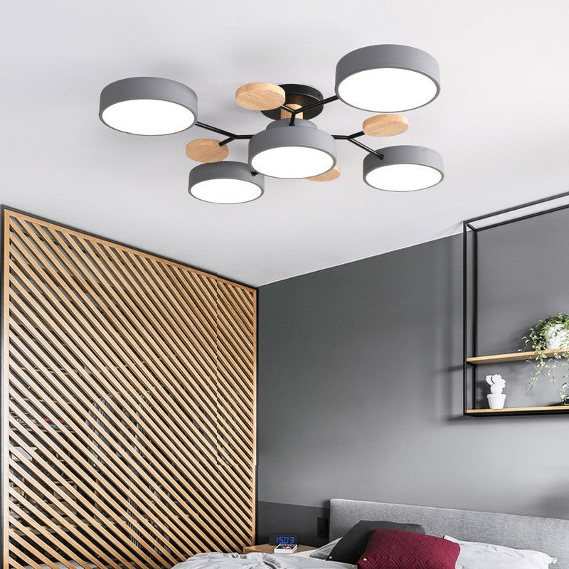 Modern LED ceiling light in a Scandinavian molecule design, iron, acrylic and wood, 4 to 7 lights, warm or cool white li