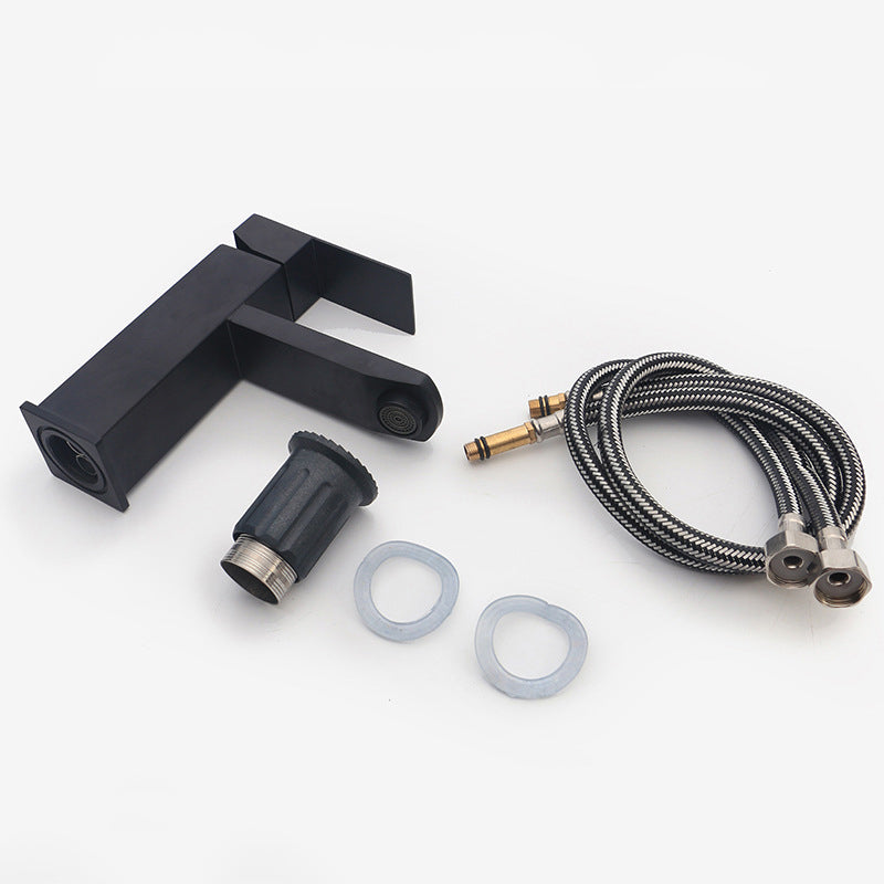 Modern single-handle bathroom sink faucet in black stainless steel