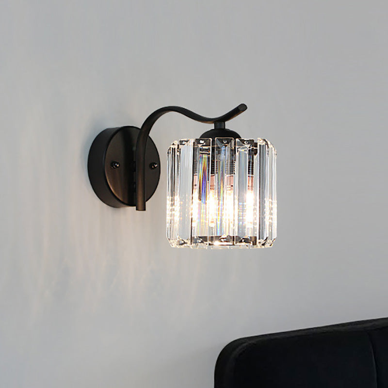 Modern Wall Sconce with Clear Crystal and Curved Black Arm