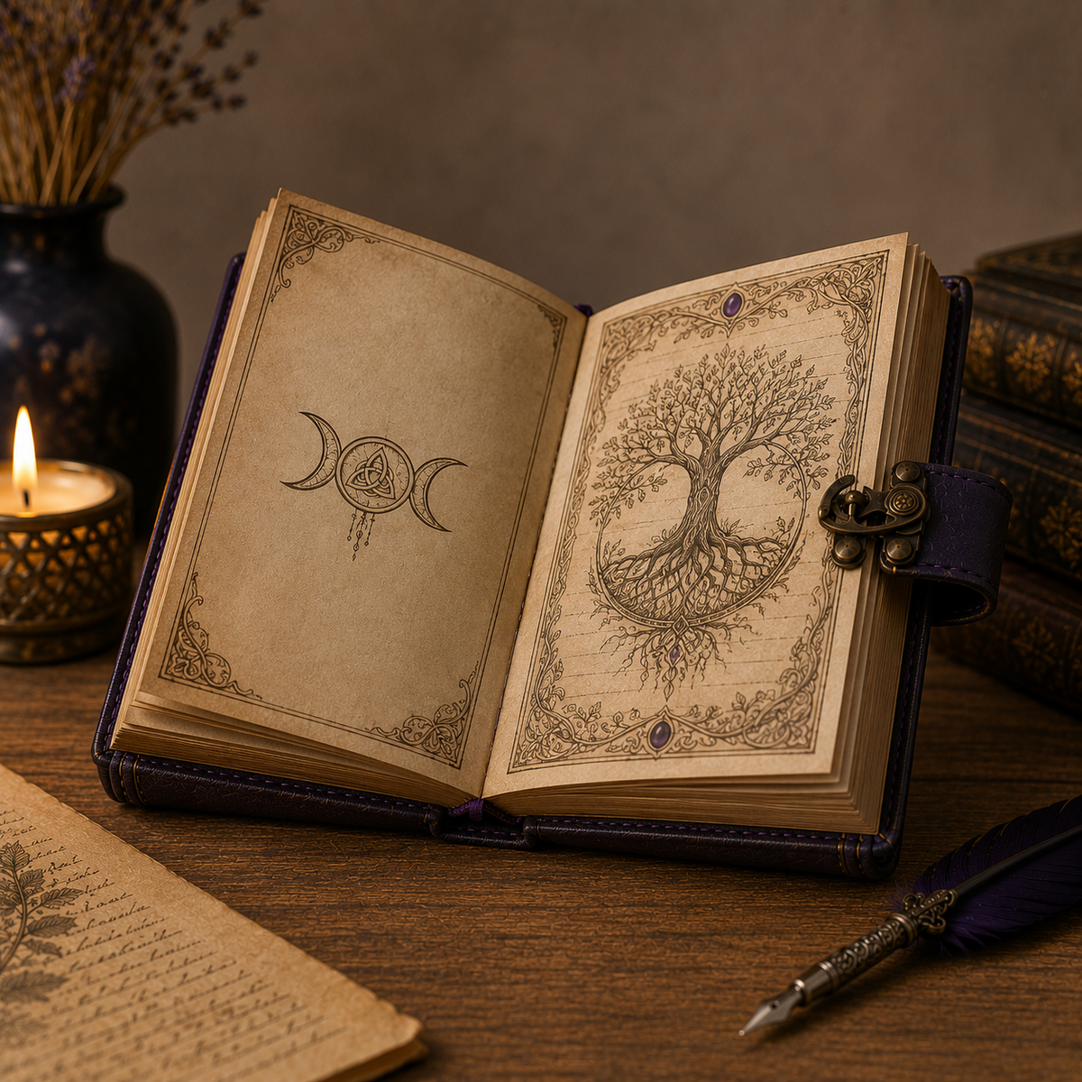 Mystical Triple Moon Journal with Tree of Life and Decorative Amethyst