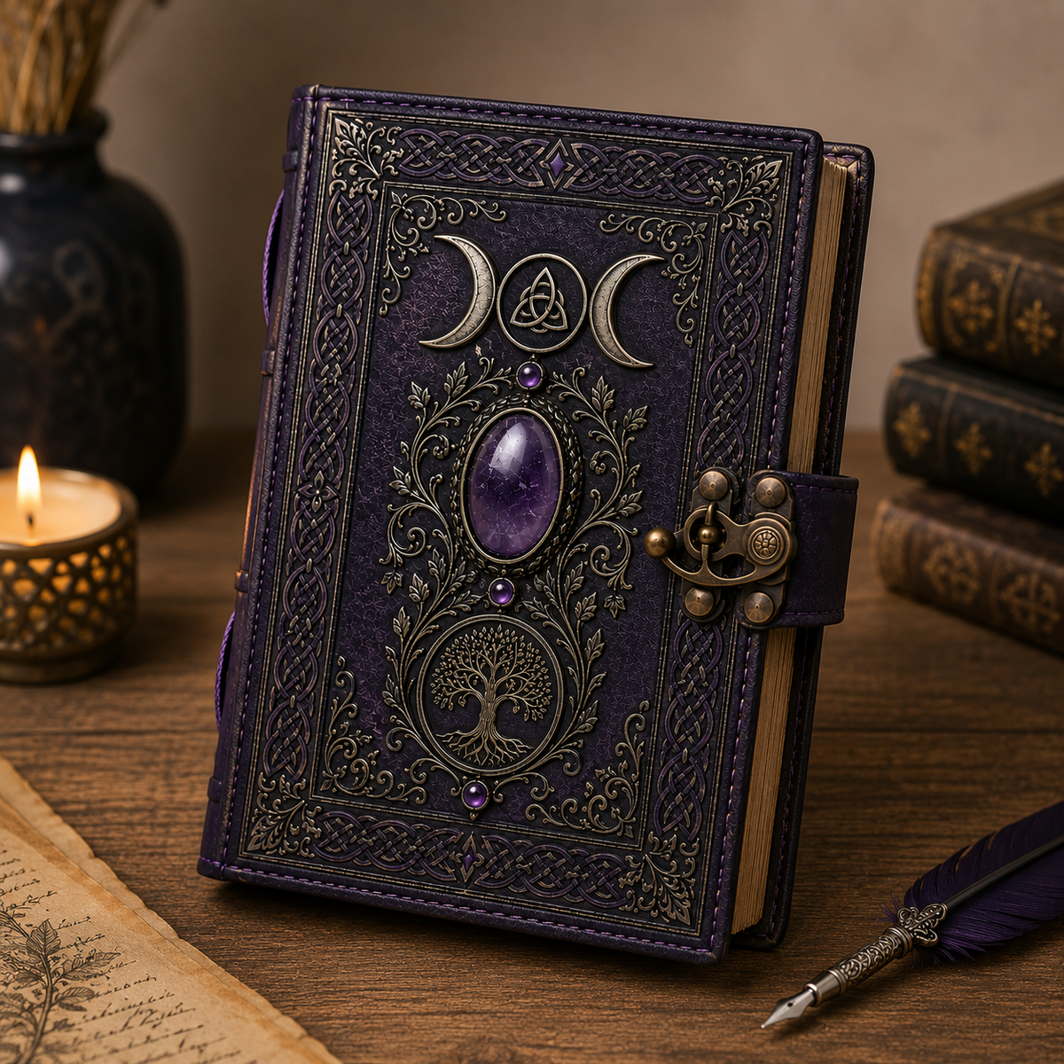 Mystical Triple Moon Journal with Tree of Life and Decorative Amethyst