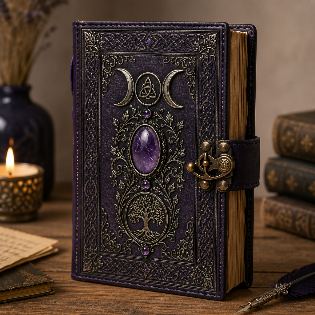 Mystical Triple Moon Journal with Tree of Life and Decorative Amethyst