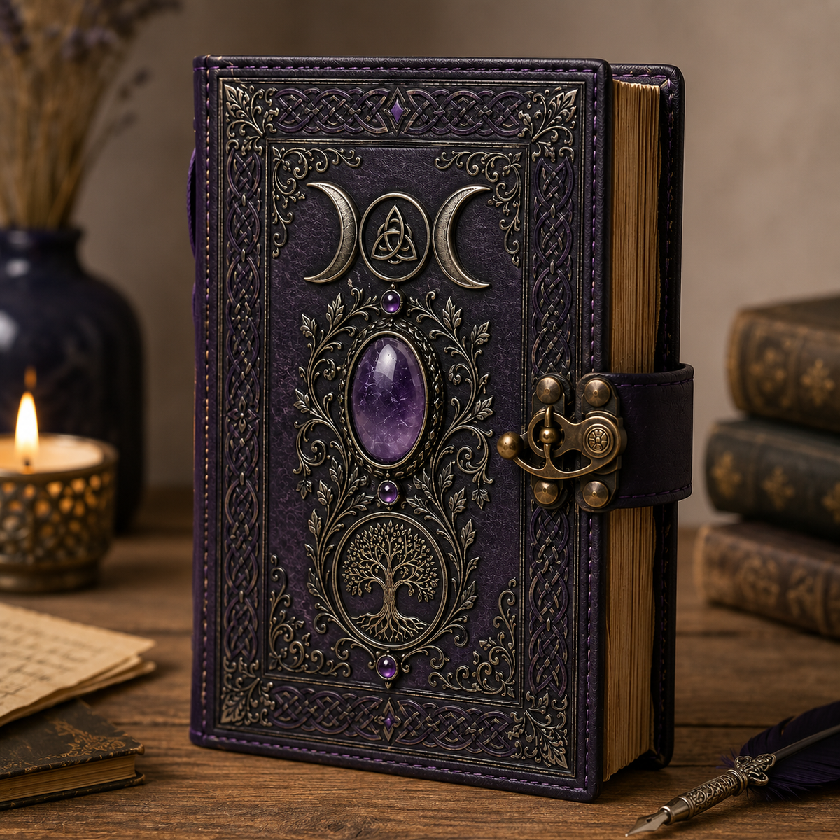 Mystical Triple Moon Journal with Tree of Life and Decorative Amethyst