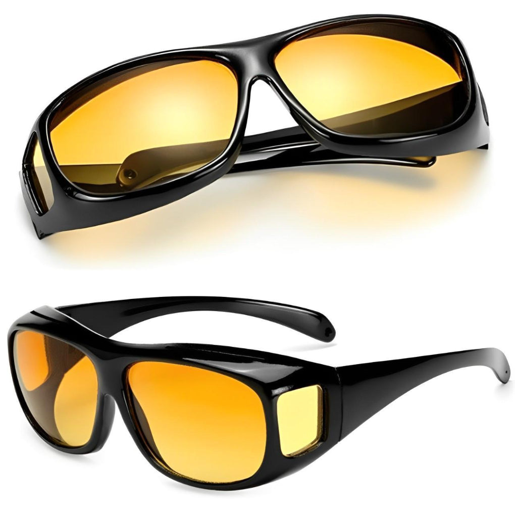 Night driving glasses with amber lenses and side lenses, fit over prescription glasses, lightweight polycarbonate