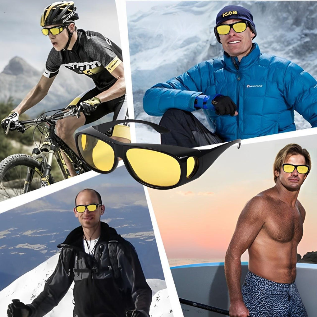 Night driving glasses with amber lenses and side lenses, fit over prescription glasses, lightweight polycarbonate