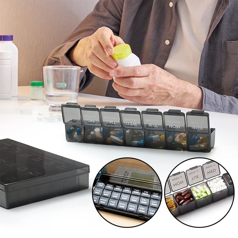 Pill organizer with 28 compartments