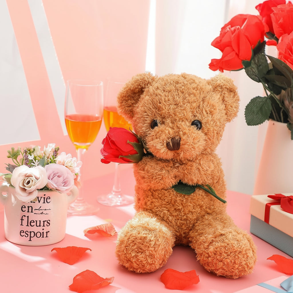 Plush Toy Valentine Bear Soft Rose Holding Stuffed Animal Gift