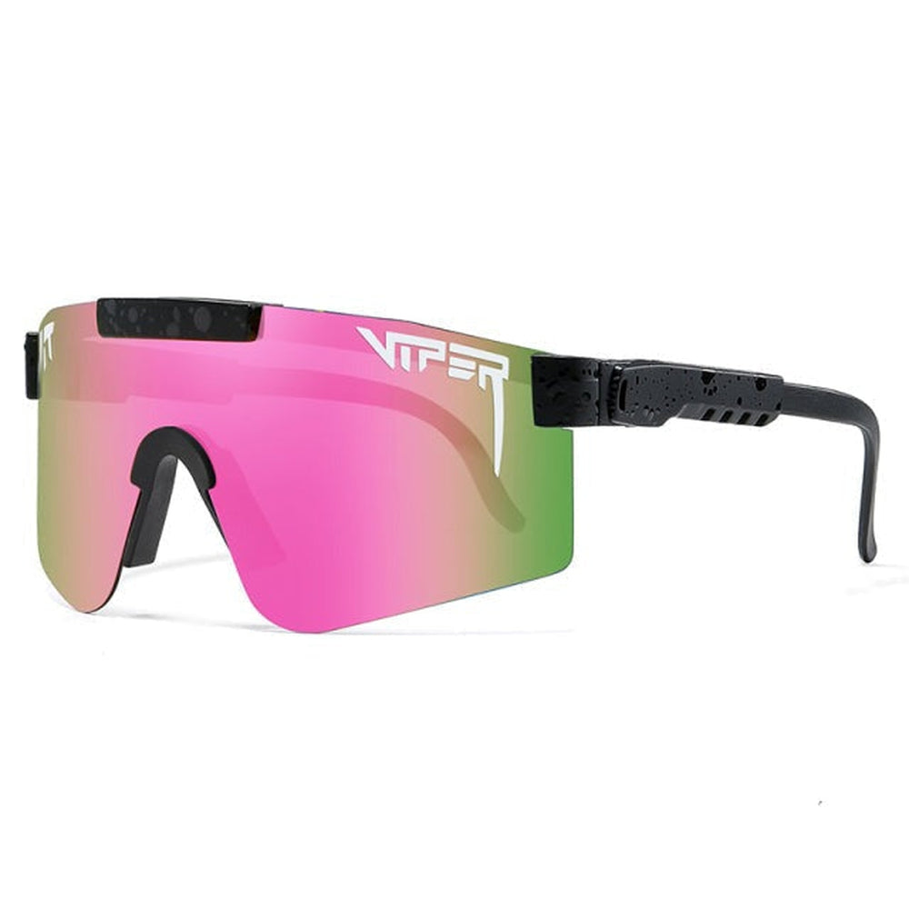 Polarized sports sunglasses with single mirrored UV400 lens, polycarbonate frame, silicone nose pads and adjustable arms