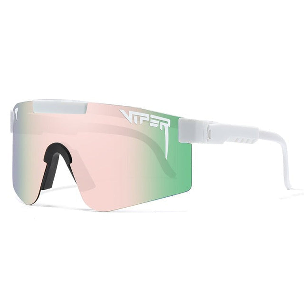 Polarized sports sunglasses with single mirrored UV400 lens, polycarbonate frame, silicone nose pads and adjustable arms