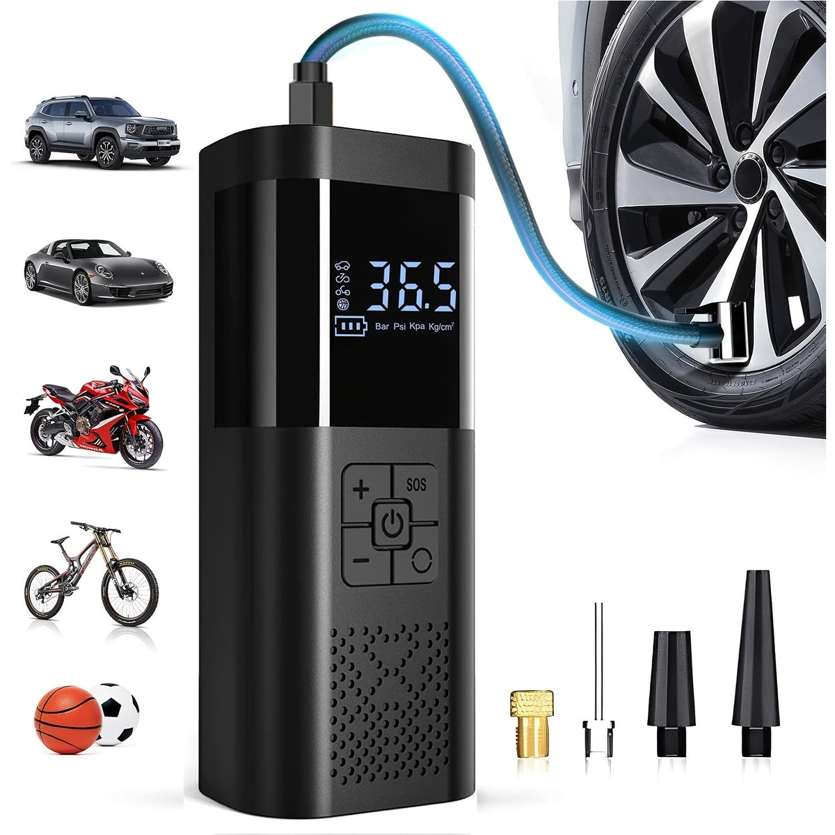 Portable Air Compressor with LCD Screen and LED Light – 150 PSI Inflator for Cars, Bikes, and Sports Gear