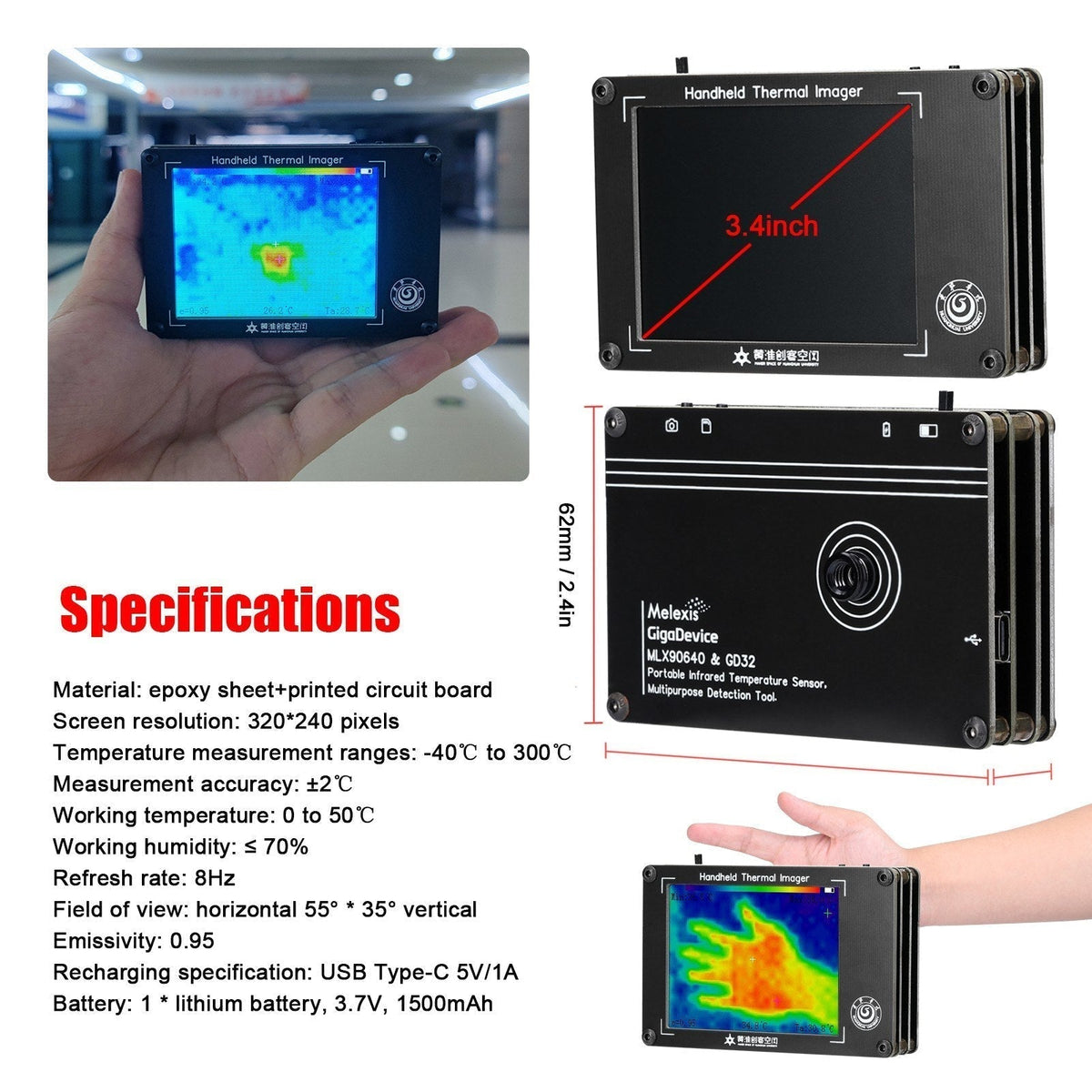 Portable Infrared Thermal Imaging Camera -40~572°F, 3.4 Inch LCD Display