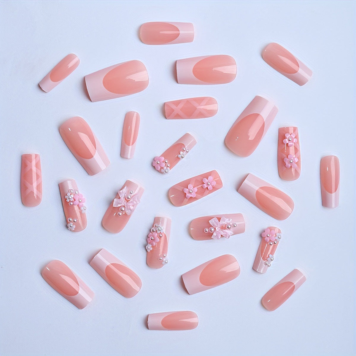 Press-On Nails with Elegant 3D Flowers and Ribbon Accents