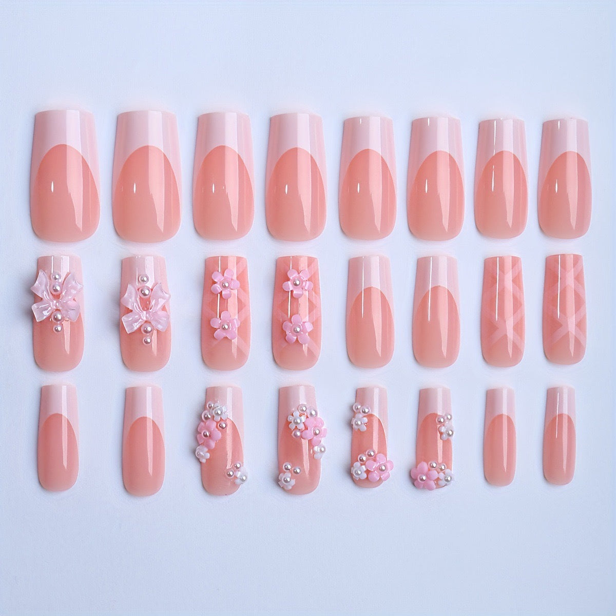 Press-On Nails with Elegant 3D Flowers and Ribbon Accents