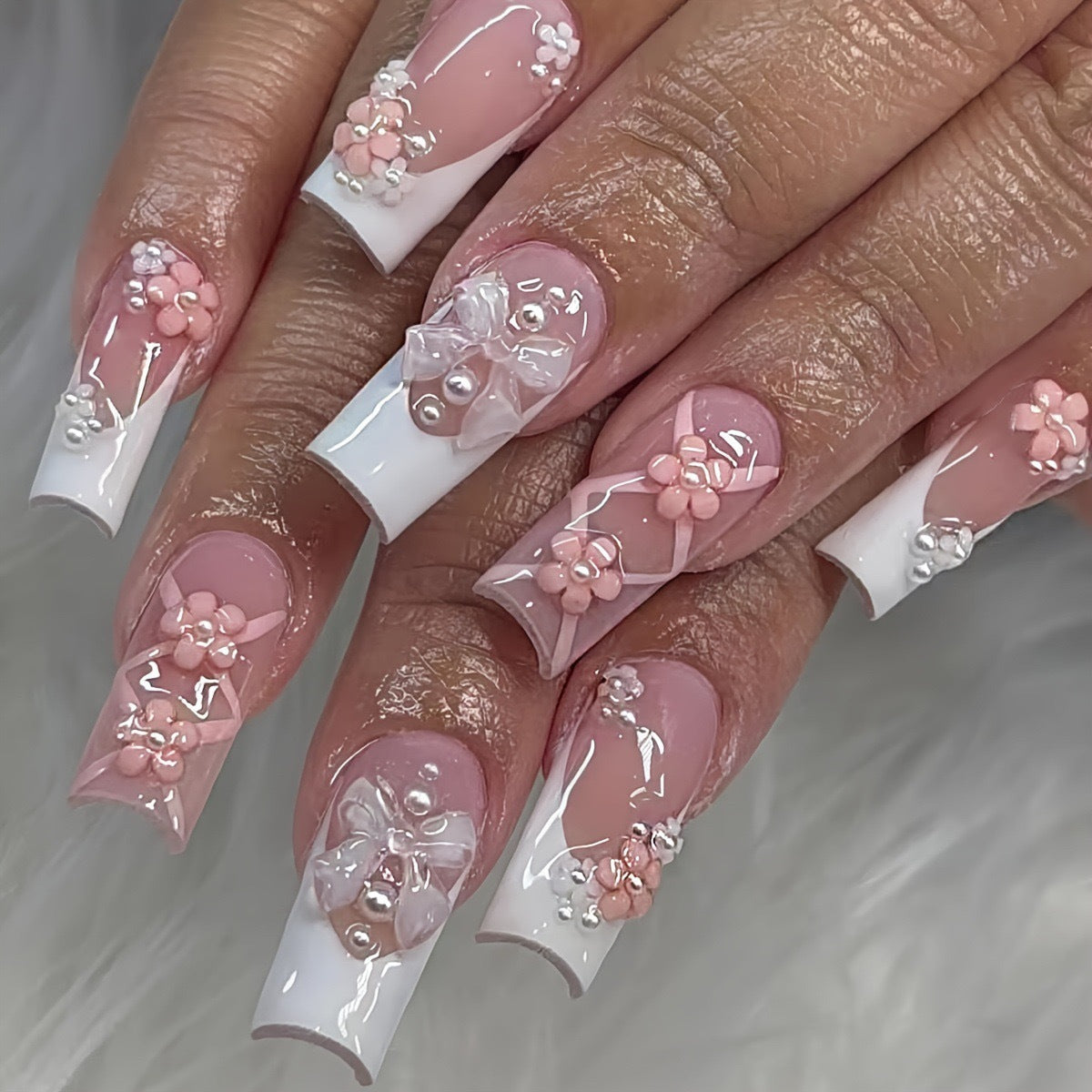 Press-On Nails with Elegant 3D Flowers and Ribbon Accents