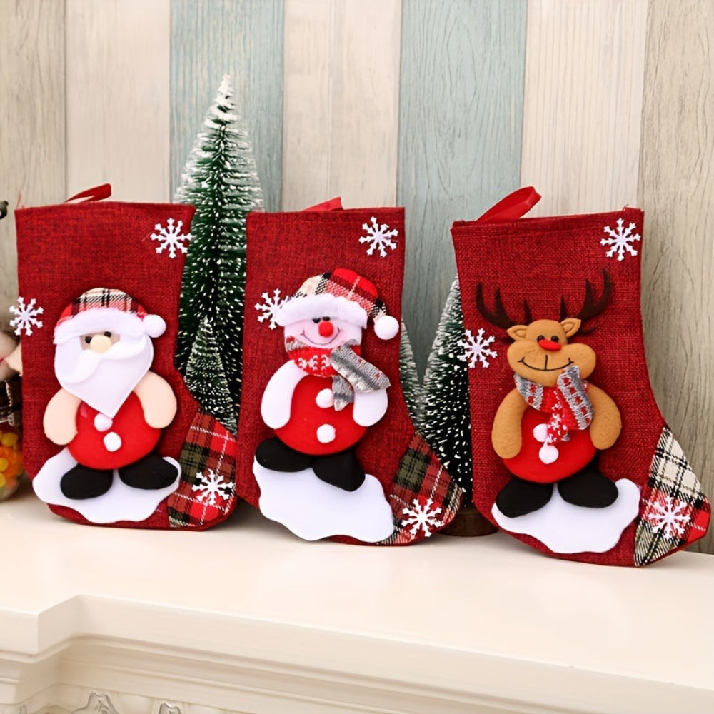 Red Christmas Stockings Set with Santa, Snowman, and Reindeer