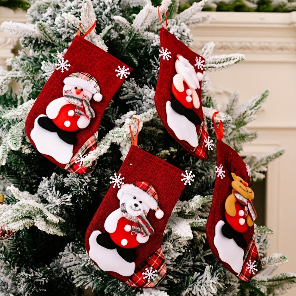 Red Christmas Stockings Set with Santa, Snowman, and Reindeer