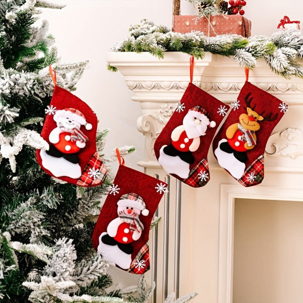 Red Christmas Stockings Set with Santa, Snowman, and Reindeer