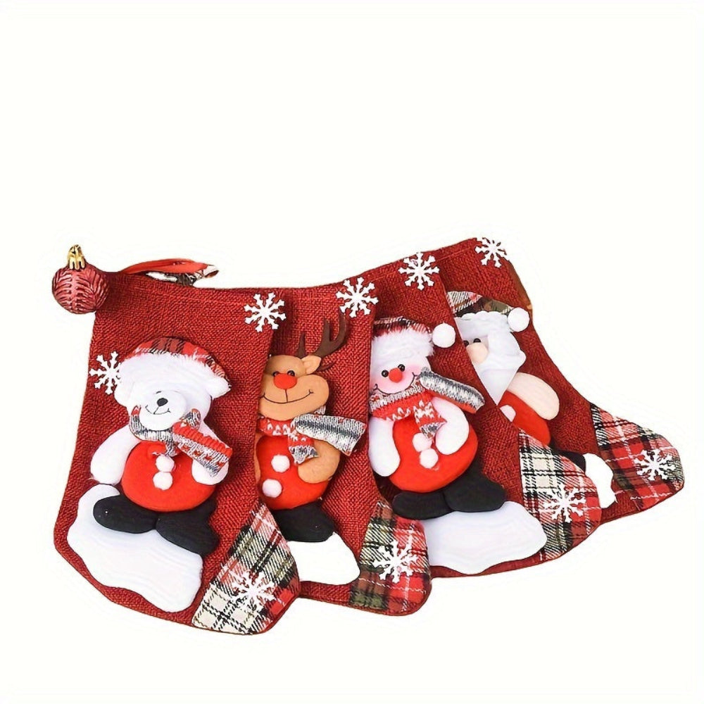 Red Christmas Stockings Set with Santa, Snowman, and Reindeer