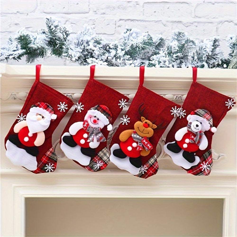 Red Christmas Stockings Set with Santa, Snowman, and Reindeer