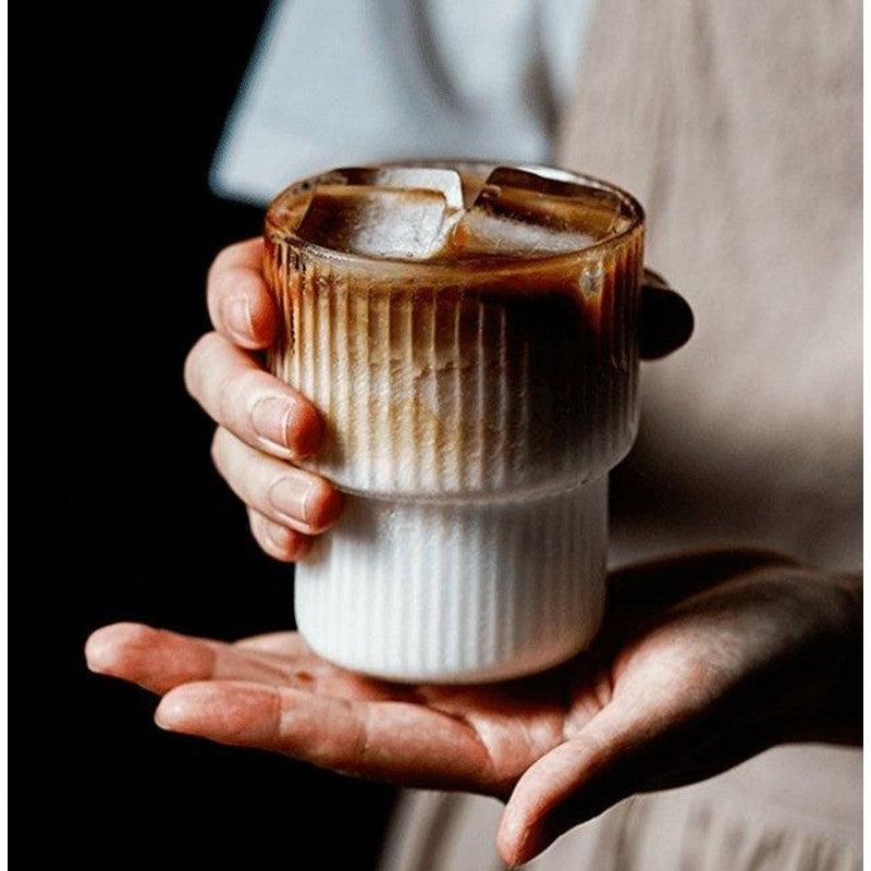 Ribbed drinking glasses, set of tall glass tumblers with matte white base and clear upper section, for cold and hot drin