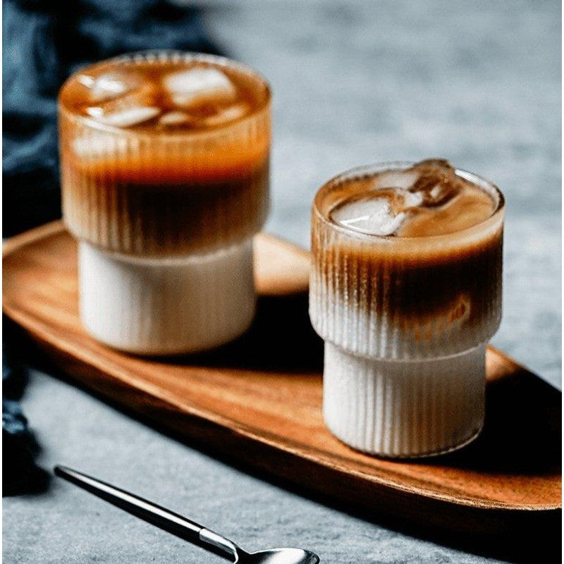 Ribbed drinking glasses, set of tall glass tumblers with matte white base and clear upper section, for cold and hot drin