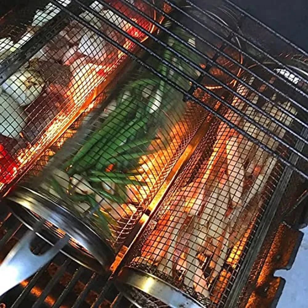 Rotating BBQ Basket – Stainless Steel Grill Basket for Even Cooking