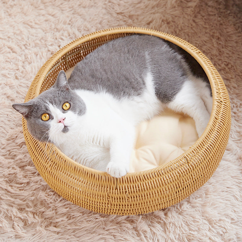 Round Rattan Cat Bed with Cushion