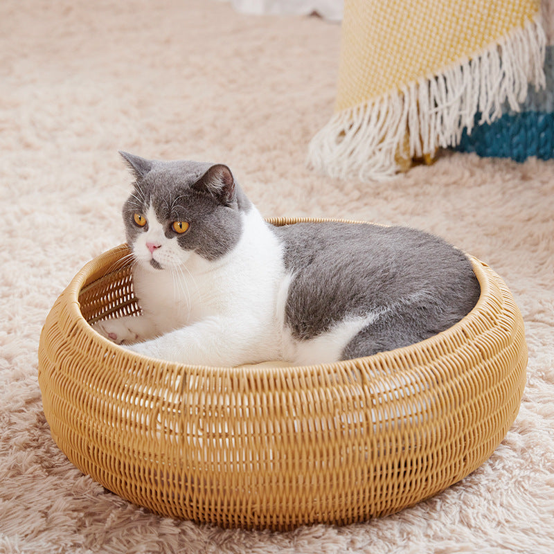 Round Rattan Cat Bed with Cushion