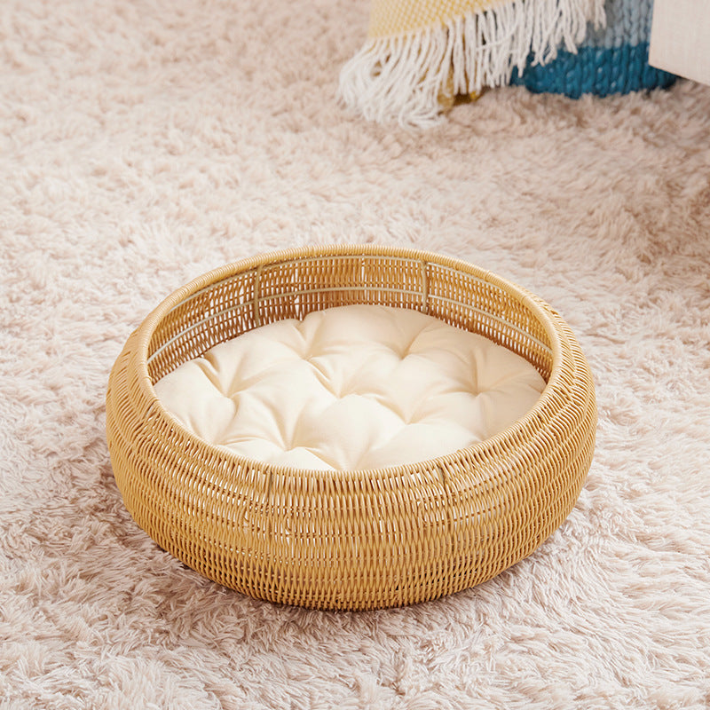 Round Rattan Cat Bed with Cushion