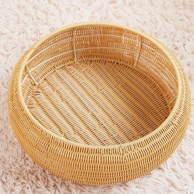 Round Rattan Cat Bed with Cushion