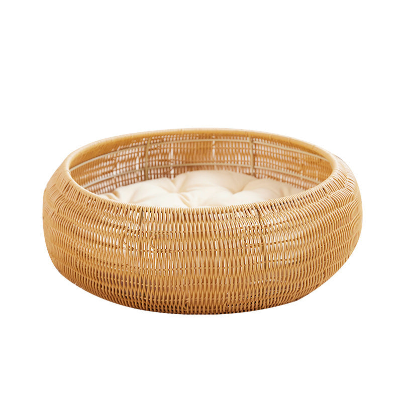 Round Rattan Cat Bed with Cushion