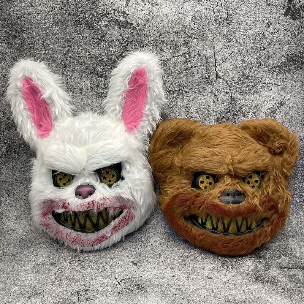 Scary bunny mask or bear mask for Halloween in faux fur with blood-stained teeth, 4 designs and sets of 2, adult size