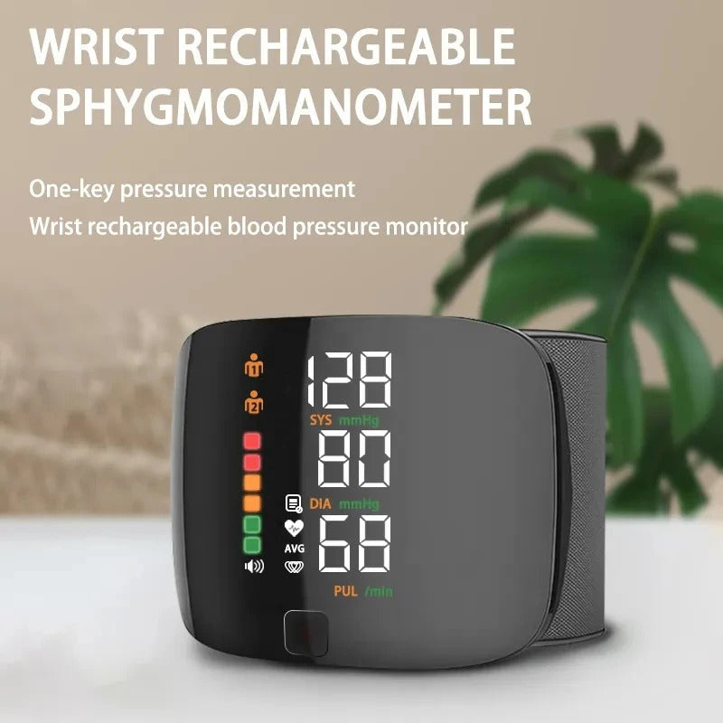 Smart Wrist Blood Pressure Monitor with Voice Alerts – Rechargeable Portable BP Cuff