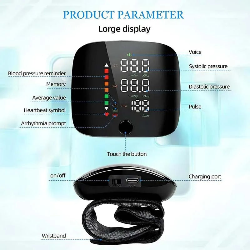 Smart Wrist Blood Pressure Monitor with Voice Alerts – Rechargeable Portable BP Cuff