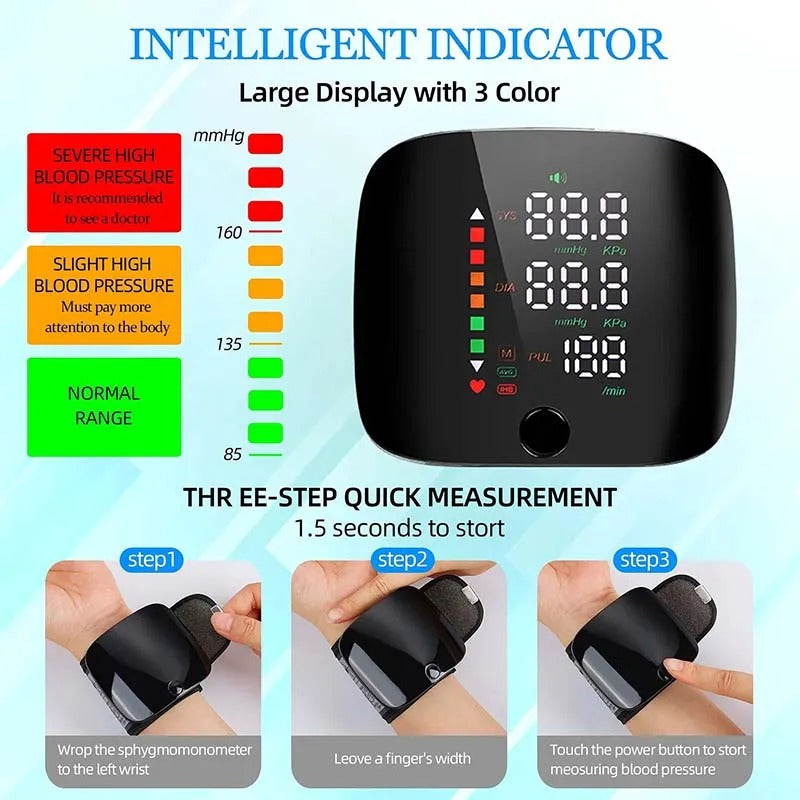 Smart Wrist Blood Pressure Monitor with Voice Alerts – Rechargeable Portable BP Cuff