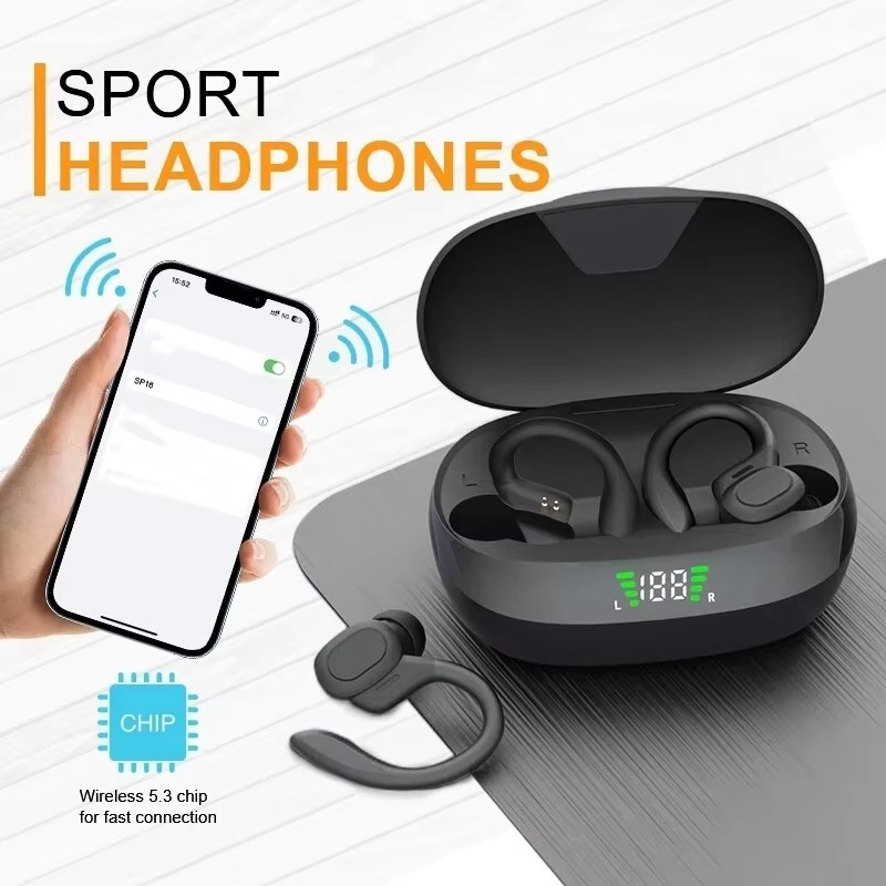 SP16 True Wireless Earbuds with Ear Hooks – Waterproof Sports Headphones with Mic and HiFi Stereo Sound