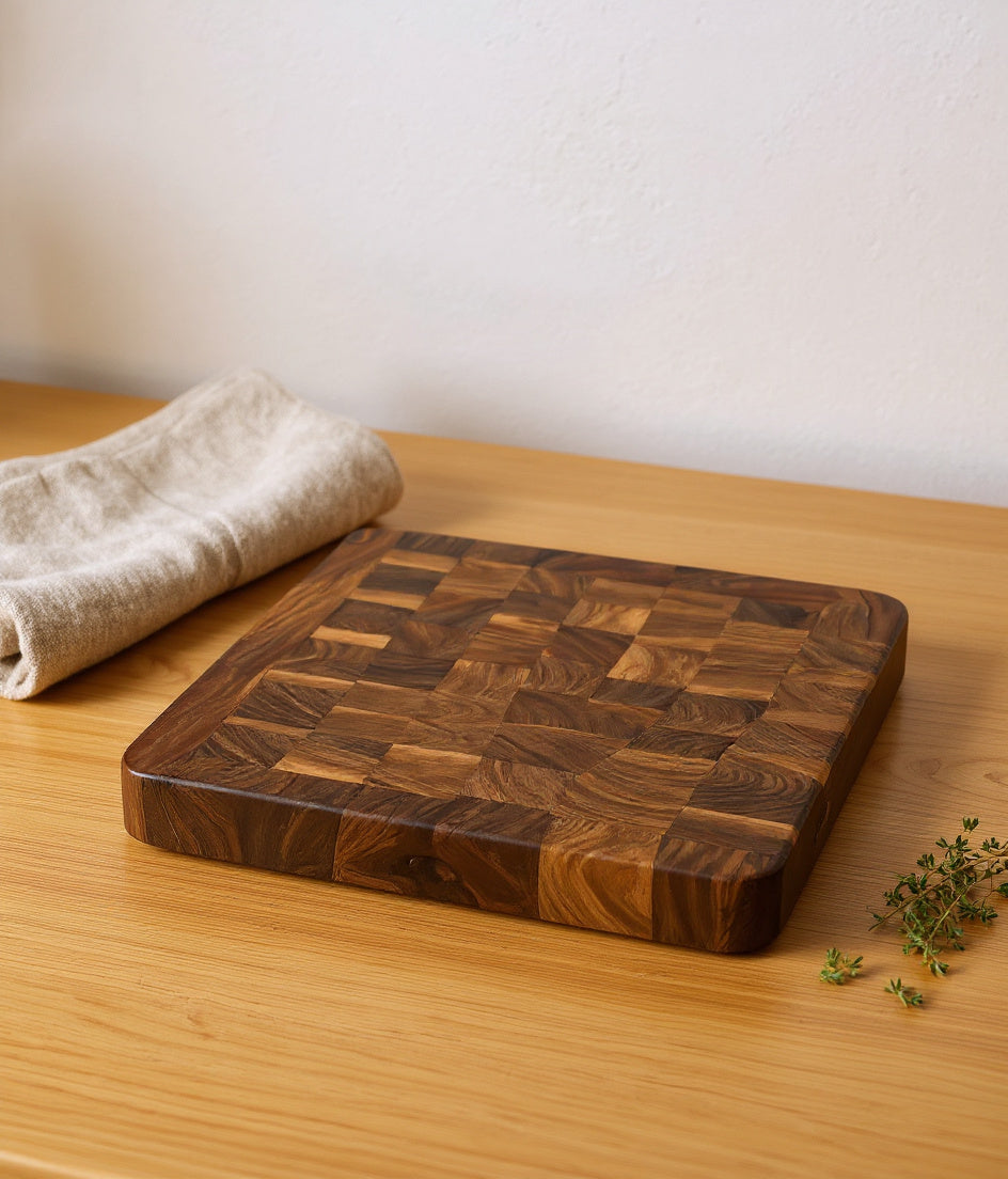 Shopaverly walnut end-grain butcher block on a light kitchen counter