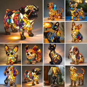 Stained glass dog night light lamp, hand-painted resin, USB, 17cm