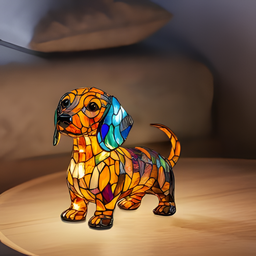 Stained glass dog night light lamp, hand-painted resin, USB, 17cm