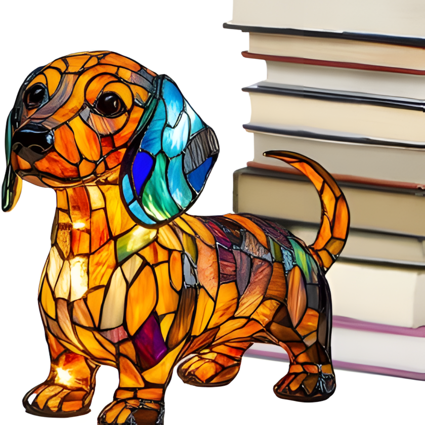 Stained glass dog night light lamp, hand-painted resin, USB, 17cm