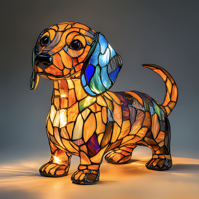 Stained glass dog night light lamp, hand-painted resin, USB, 17cm