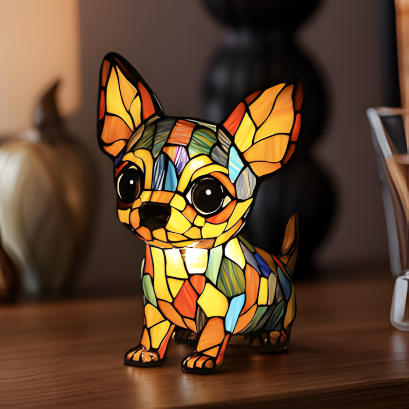 Stained glass dog night light lamp, hand-painted resin, USB, 17cm