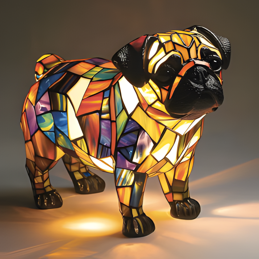 Stained glass dog night light lamp, hand-painted resin, USB, 17cm