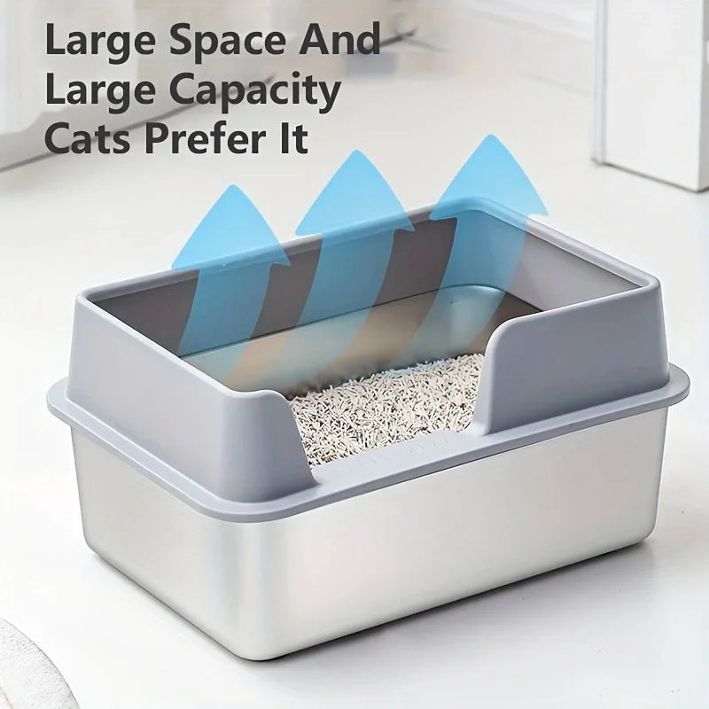 Stainless Steel Cat Litter Box – Non-Stick High Wall Enclosure