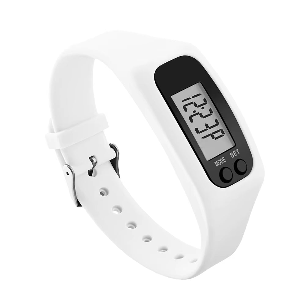 Step counter watch, wrist pedometer with digital display, time and calories, silicone strap with buckle, white or black