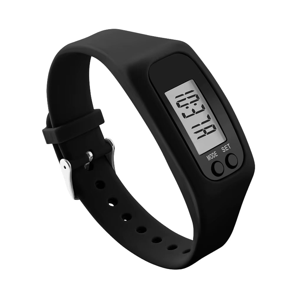 Step counter watch, wrist pedometer with digital display, time and calories, silicone strap with buckle, white or black